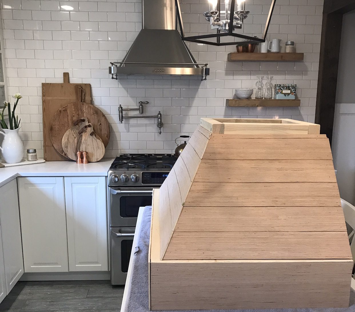 FARMHOUSE HOOD VENT DIY WITH SHIPLAP AND STAINED WOOD, EXTREME KITCHEN  MAKEOVER