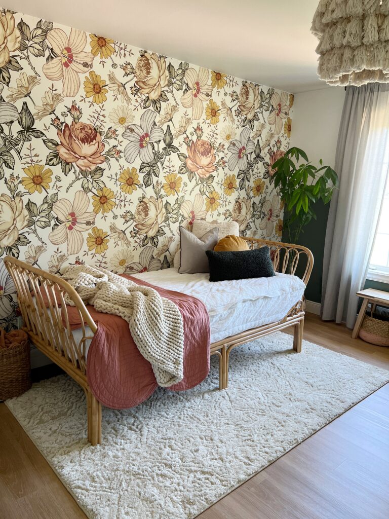 https://dreamingofhomemaking.com/wp-content/uploads/2022/07/Girls-boho-bedroom-procore-flooring-elizabeth-oak-blankets-768x1024.jpg